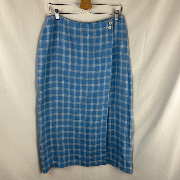 Talbots Petite 100% Irish Linen Blue Plaid Faux Wrap Maxi‎ Skirt Size 12 Vintage - Picture 2 of 9